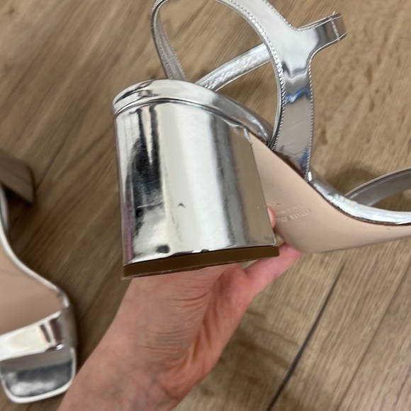 Miu Miu Metallic Silver Leather Ankle Strap Block Heel Sandals - Picture 8 of 15